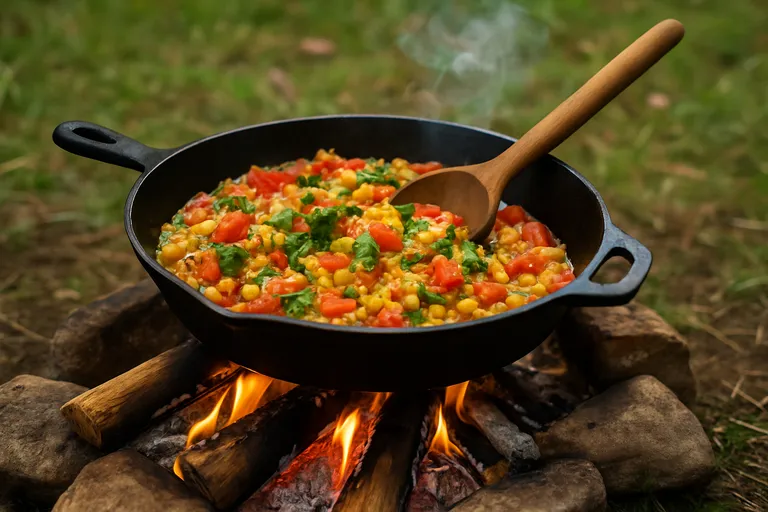 Een skillet gebruiken voor internationale gerechten op open vuur